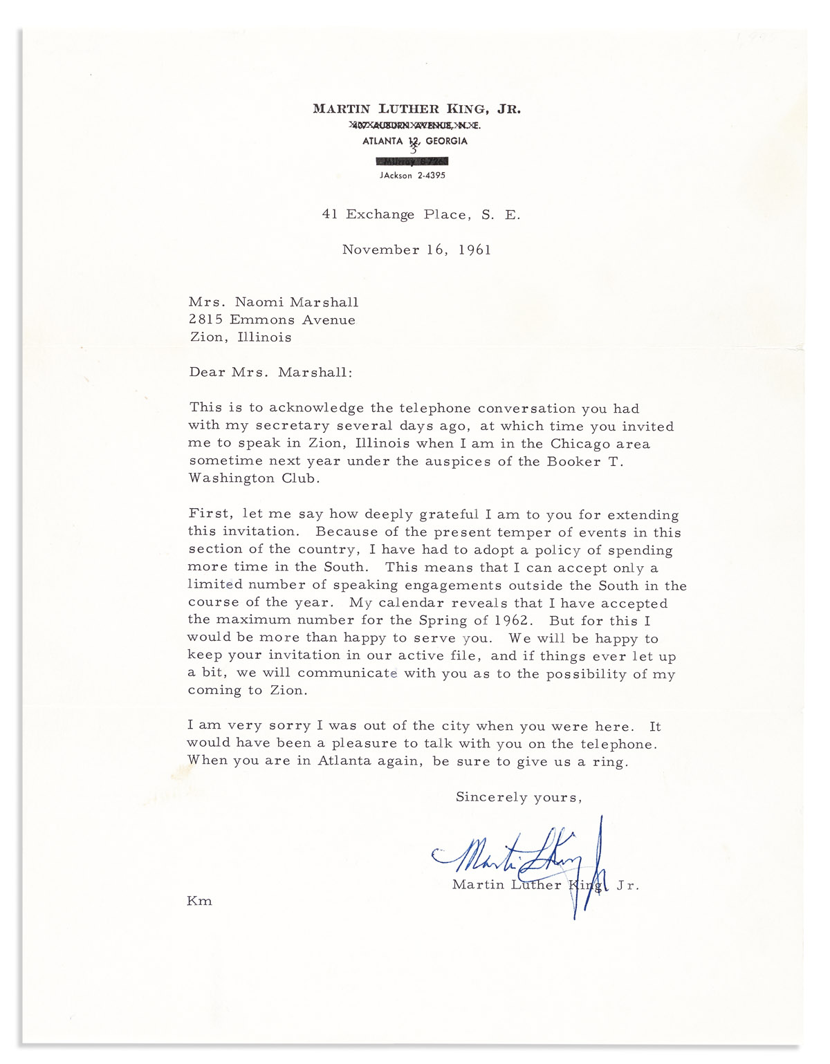 (CIVIL RIGHTS.) KING JR., MARTIN LUTHER. Typed Letter Signed, to Naomi Marshall,